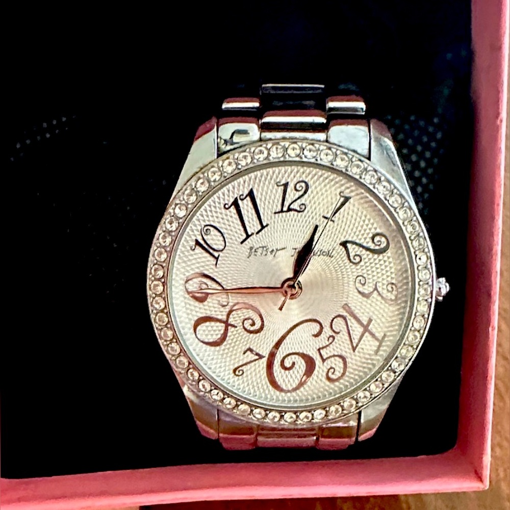 Betsey Johnson Silver Watch with Crystal Accents. Working condition